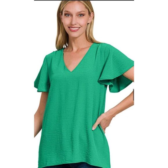 Tyche Flutter Sleeve Kelly Green V-Neck Top Sz. L Holidays, Cocktail - Picture 5 of 7